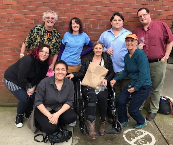 My family, with my sister wearing the Dr. Rosie shirt. It's amazing how many places along the Corvallis wine walk are not wheelchair accessible.