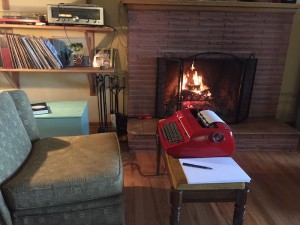 This was the day I wrote 40 pages: my darling husband set me up in front of the fire. Mostly I used a more ergonomic desk, though.